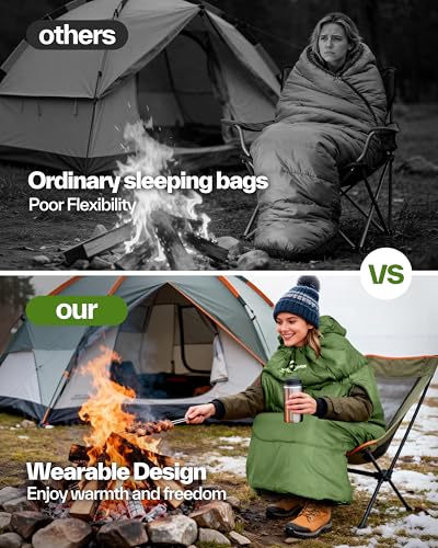 Sportneer 0 Degree Wearable Sleeping Bag for Adults & Kids – Walkable with Arm Zippers, Waterproof & Warm, Compact for Cam...