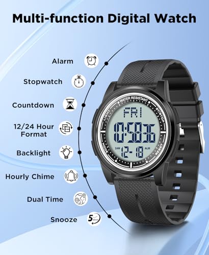 Beeasy Digital Watch Waterproof with Stopwatch Alarm Countdown Dual Time, Ultra-Thin Super Wide-Angle Display Digital Wris...