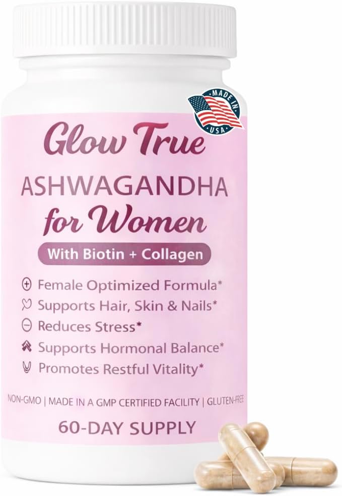 GlowTrue Ashwagandha for Women with Biotin & Collagen – 500mg Female-Optimized Stress & Hormone Support, Hair Skin & Nails...