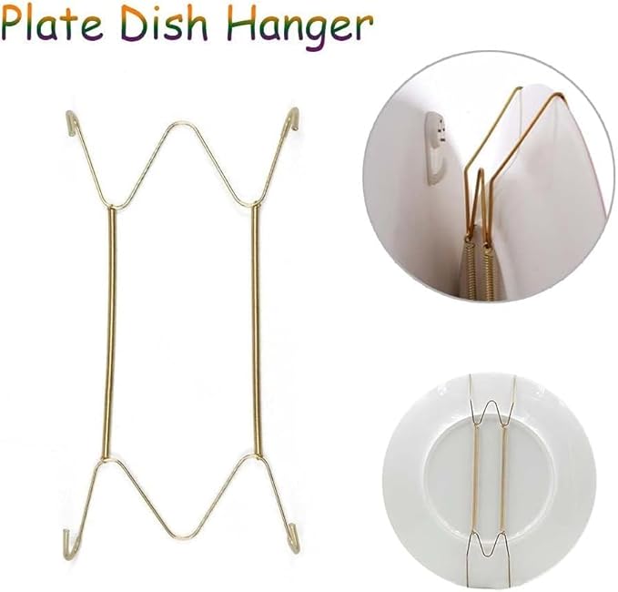 Gold Plate Dish Hanger Dismountable Wall Display Securing Clip W Type Dish Spring Holder Invisible Hook Home Decor Vertical Plate Holders (8 Inch)