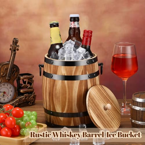 Honeydak Ice Bucket Wooden Barrel with Lid 1.5l Stainless Steel Interior Food Container with Handles for Cocktail Bar Part...
