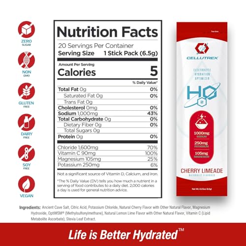 Cellutrex® H2O Electrolytes – Electrolyte Powder Drink Mix, Zero Sugar, Natural Salt Hydration Packets for Recovery and We...