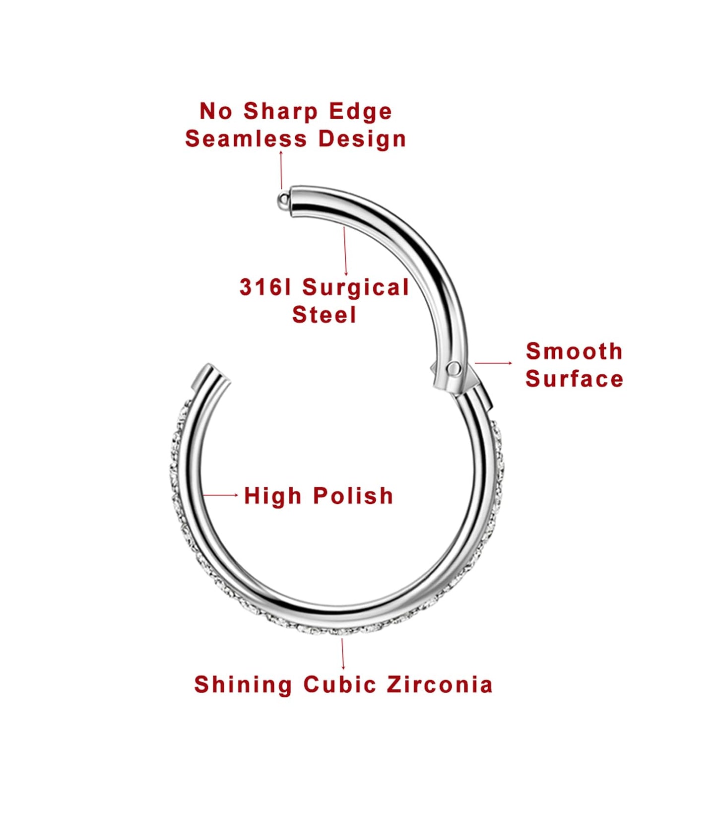 TDEBA Conch Piercing Jewelry, 316L Surgical Steel Segment Nose Hoop Ring, CZ Paved Segment Helix Rook Seamless Clicker Earrings