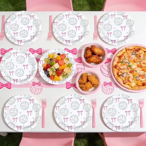 Greencian 50pcs Volleyball Party Decorations 9" Pink Bow Volleyball Birthday Paper Plates Sports Disposable Plates for Gir...