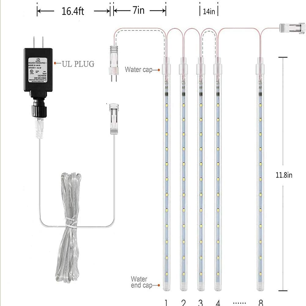 Purtuemy Christmas Lights Outdoor, Meteor Shower 12 inch, 8 Tubes, 192 LED, Warm White, 10.5ft, UL Plug