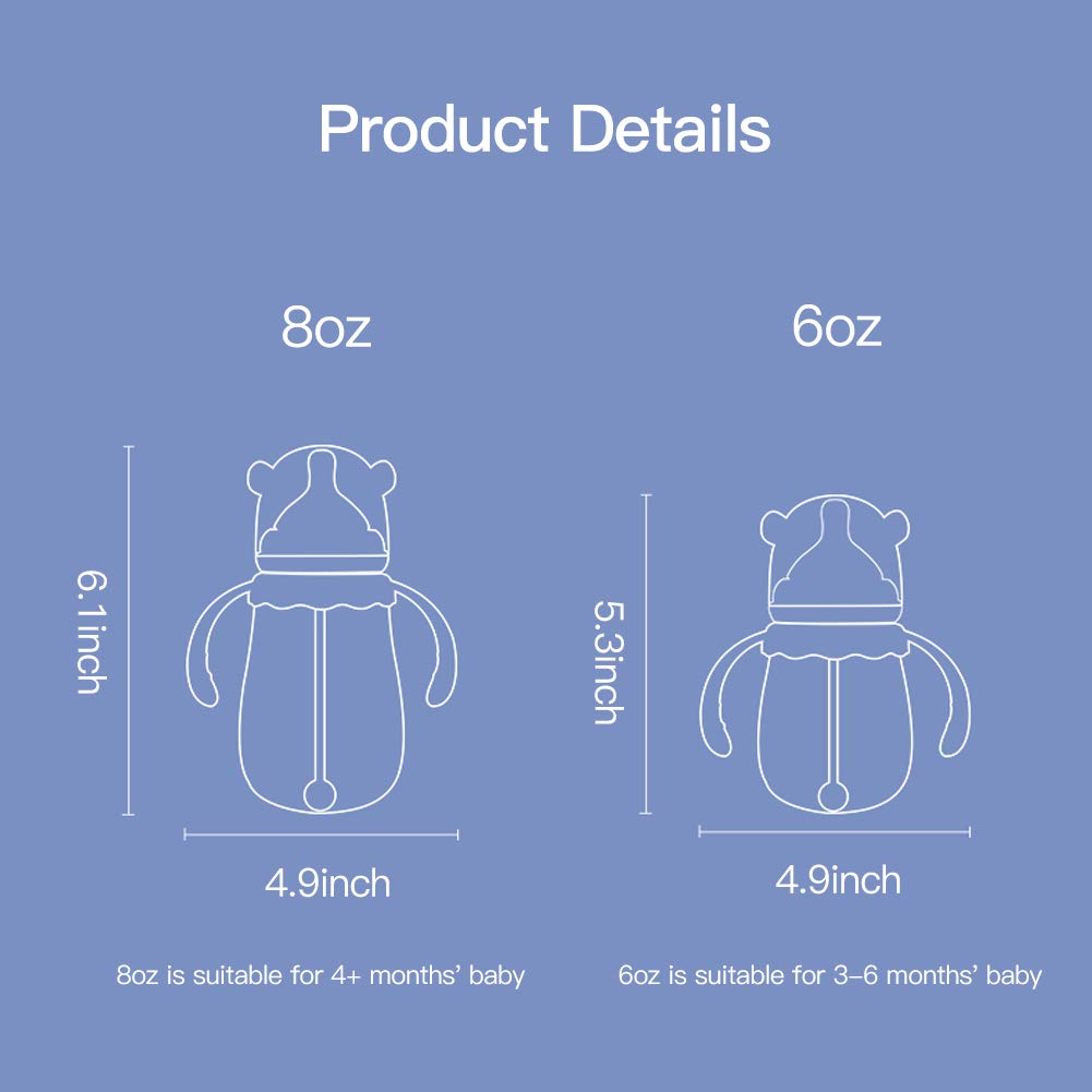 POTATO Glass Baby Bottles, Anti-Colic Breastfeeding Bottles with Medium Flow Nipple, Suitable for Babies 3-6 Months, 2 Replaceable Nipples, 6 oz, Green
