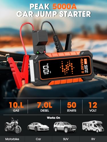 S ZEVZO A11 Jump Starter, Upgraded 5000A Car Battery Jumper Starter Portable (10.0L Gas & 7.0L Diesel Engines) with Booste...