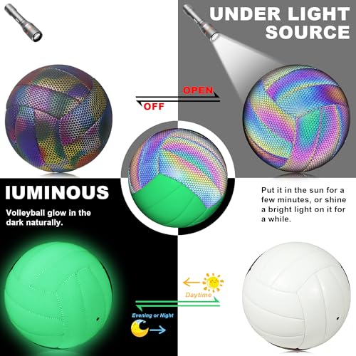 EVZOM Glow in The Dark Volleyball Size 5, Reflective Glowing Leather Volleyballs -Gift for Kids, Men, Women Indoor Outdoor...