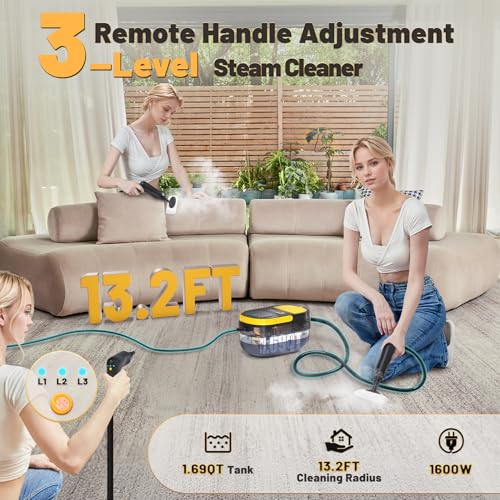 Gautye Steam Cleaner, 3-Level Adjustable Handle, 15s Heat-Up, 1.69 Quarts Tank, Portable Steamer for Cleaning with 15 pcs ...