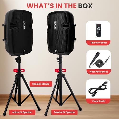 Pyle Portable Bluetooth PA Speaker System Kit - 700W Powered Active & Passive 8" Speakers with Stands, Wired Microphone, R...