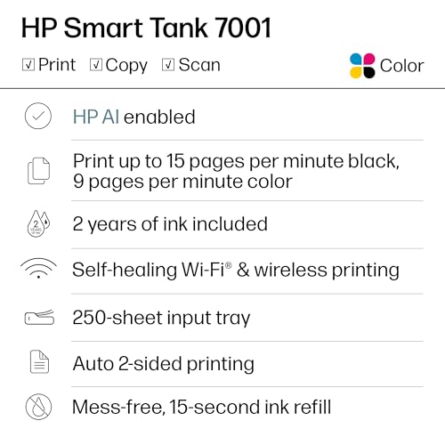 HP Smart Tank 7001 Wireless All-in-One Ink Tank Printer, Scanner, Copier with 2 Years of Ink Included, Best-for-Home Offic...