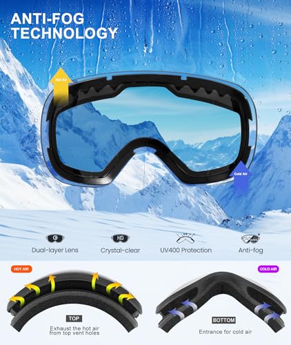 NSSIW Ski Goggles for Men Women Youth, OTG Snowboard Goggles Snow Goggles with Anti Fog and UV Protection Over Glasses 2 Pack