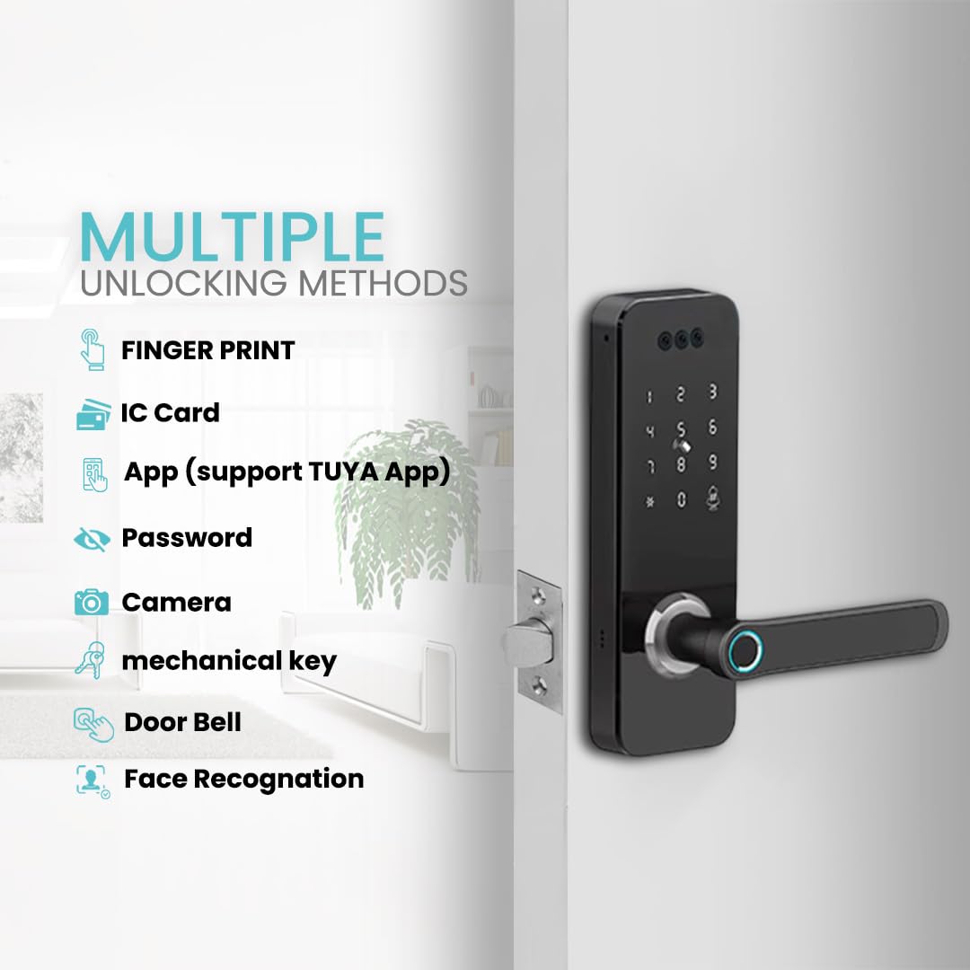 Smart Door Lock with Face Recognition – 6 Unlock Ways (Fingerprint, Face ID, Password, Card, Key, Tuya APP) | Keyless Entry & WiFi APP Control | Easy DIY Install | Weatherproof Design | Doorbell
