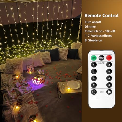 LE Fairy Curtain Lights Battery Operated & USB Plug in, Remote 10 x 10 ft Hanging String Lights for Bedroom Wall, 300 LED ...