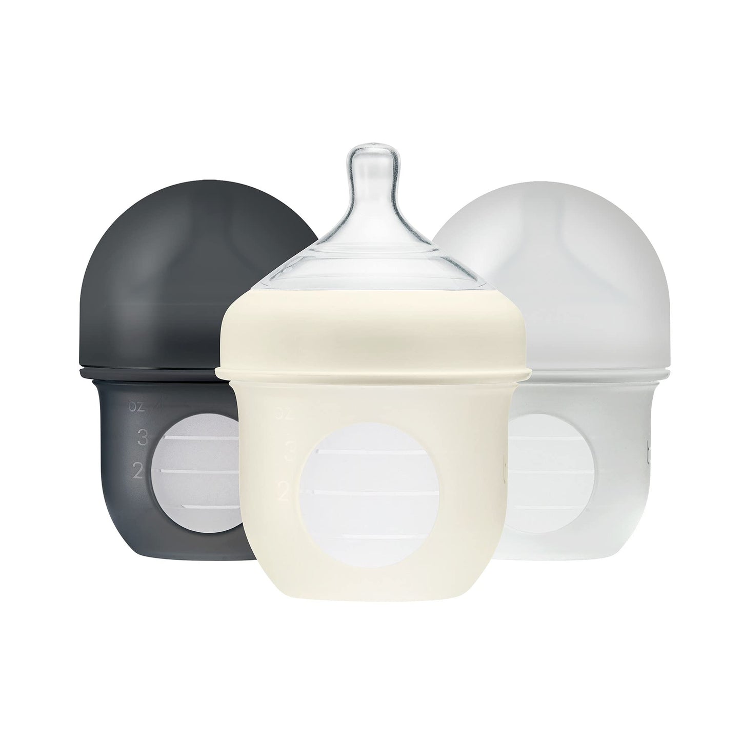 Boon Nursh Reusable Silicone Baby Bottles with Collapsible Pouch - Stage 1 Slow Flow - Gray & Blue - 4 Oz - 3 Count Each