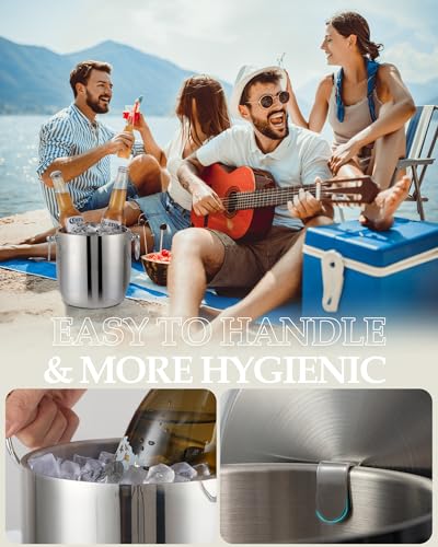 Golden Cudgel Insulated Ice Bucket, 3L Double Wall Stainless Steel Ice Bucket with Tongs,Lid, Scoop and Strainer, Ice Buck...
