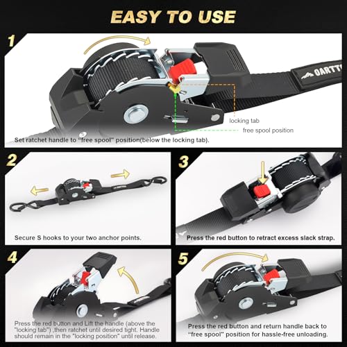 Retractable Ratchet Straps (4-Pack) - 1 Inch x 10 Feet (1,650lb Break Strength) - Heavy Duty Auto Self Retracting Tie Down...