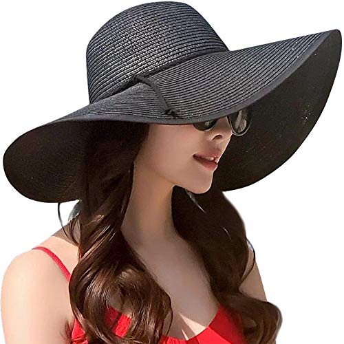 AQOKKA Beach Hats for Women Men Big Straw Wide Brim Summer Hat Floppy Foldable Roll up Cap for Beach Outdoor UPF 50+