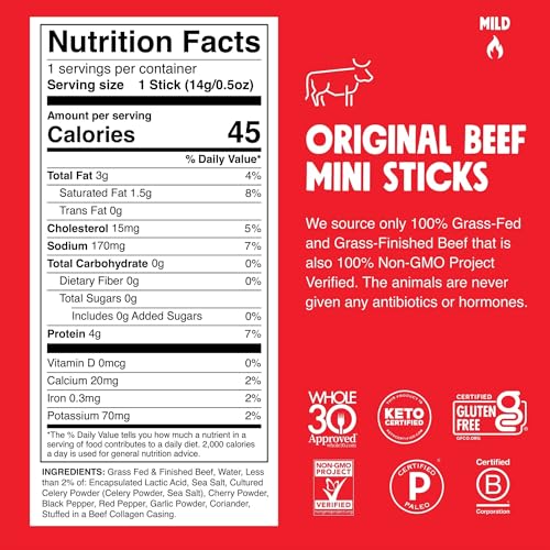 CHOMPS MINI Grass Fed Beef Jerky Meat Snack Sticks 0.5 Oz, Original Beef (Pack of 6)