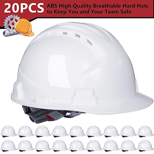 Leumoi 20 Pack 4 Pt. Suspension Hard Hat Bulk Safety Helmets ABS Ratchet Hard Hats Adjustable Construction Hardhats with V...