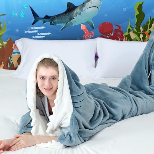 Touchat Shark Blanket for Adult Super Soft Cozy Flannel Throw Wearable Blanket, Cartoon Animals Blanket Hoodie, Sleeping B...
