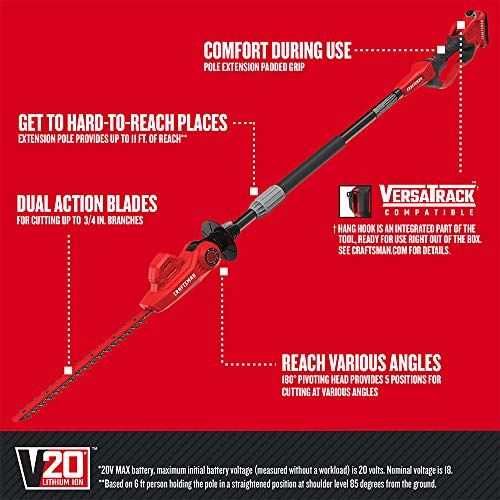 CRAFTSMAN V20 Pole Hedge Trimmer Cordless, 18-Inch, Battery and Charger Included Hedge Trimmer with Extension Pole, Up to ...