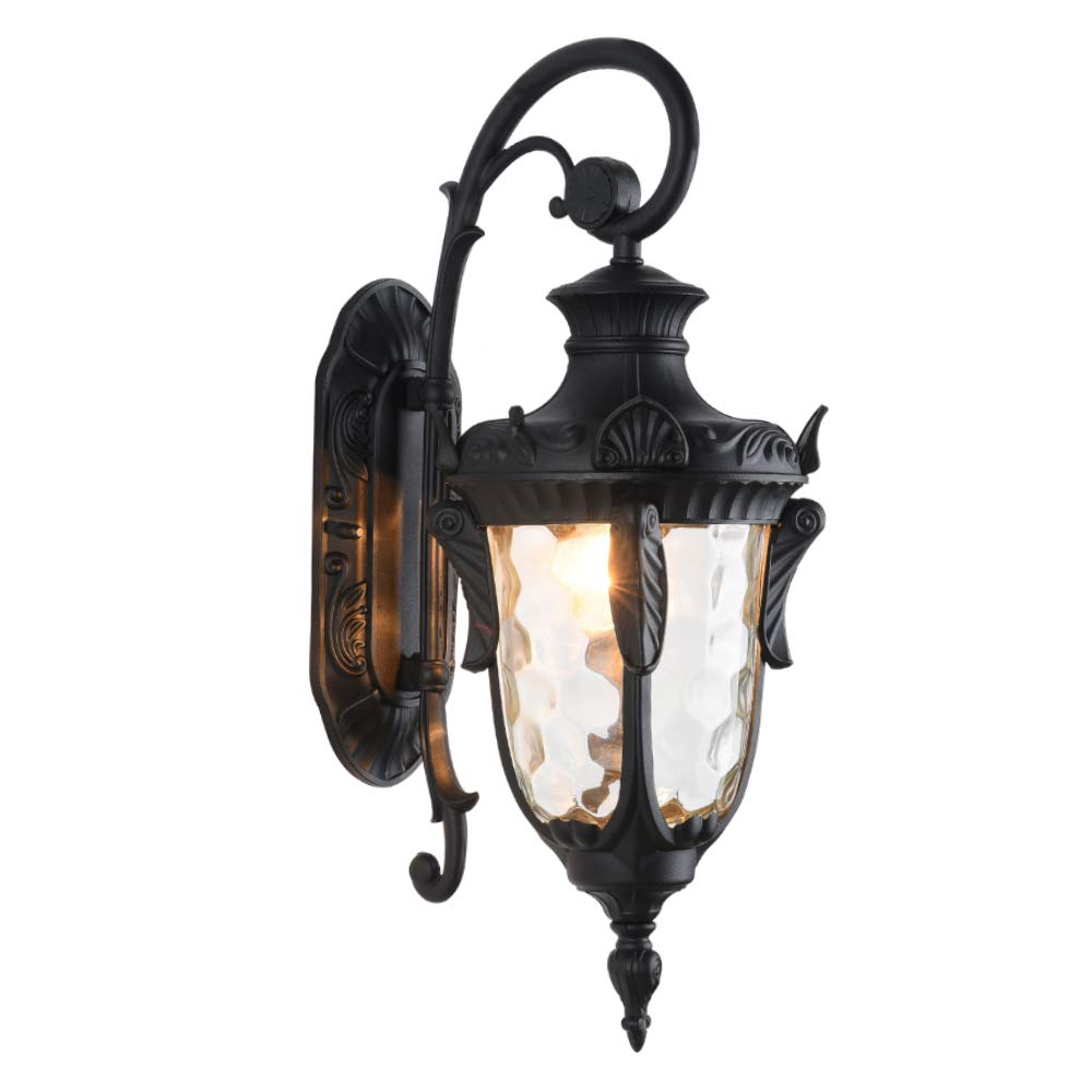 Lonedruid Outdoor Wall Light Fixture, Black Aluminum Sconce, 16.93”H Waterproof Lantern With Hammered Glass Shade For Porch