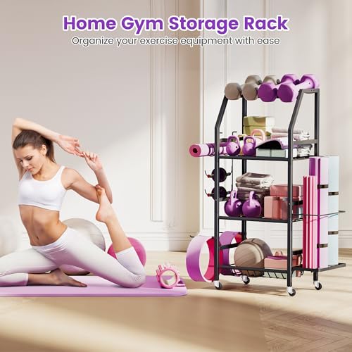 Homeiju Dumbbell Rack, Weight Rack for Home Gym, Yoga Mat Storage Holder with Lockable Wheels, Dumbbell Stand with Hooks, ...