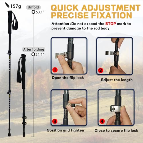 Hiking Poles 2 Pc - Collapsible Lightweight Carbon Fiber Trekking Poles for Hiking, Adjustable & Telescopic for Backpackin...