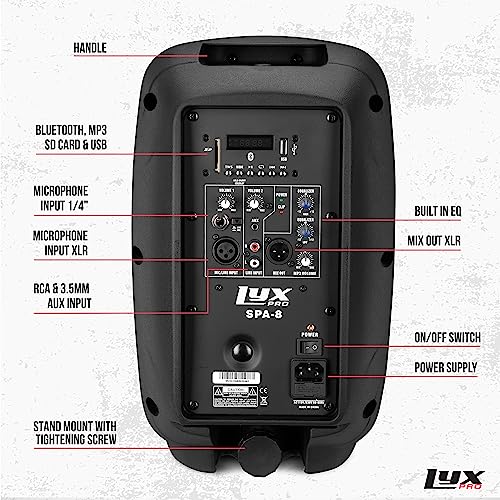 LyxPro SPA-8 Compact 8" Portable PA System 100-Watt RMS Power Active Speaker System Equalizer Bluetooth SD Slot USB MP3 XL...