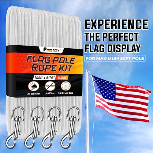 [Upgraded] 5/16” 100Ft Flagpole Rope Kit with 4 Pcs 3.3” Swivel Snap Hook - High Weight Bearing Anti-Tearing Utility Rope ...