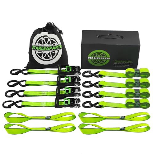 Motorcycle Tie Down Strap (4PK) - 2,100lb Break Strength Premium 15ft Ratchet Tie Down Straps Set, Soft Loop Ratchet Strap...