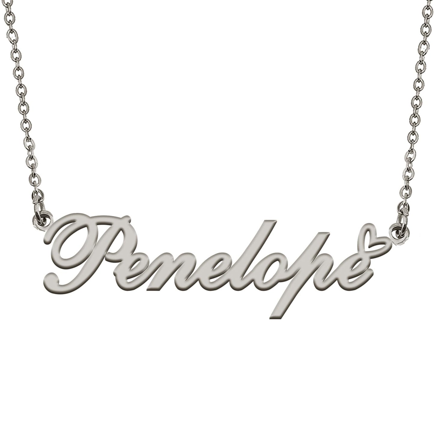 HUAN XUN Penelope Name Necklace with Heart Silver Stainless Steel Initial Pendant Gifts Custom Name Necklaces for Women