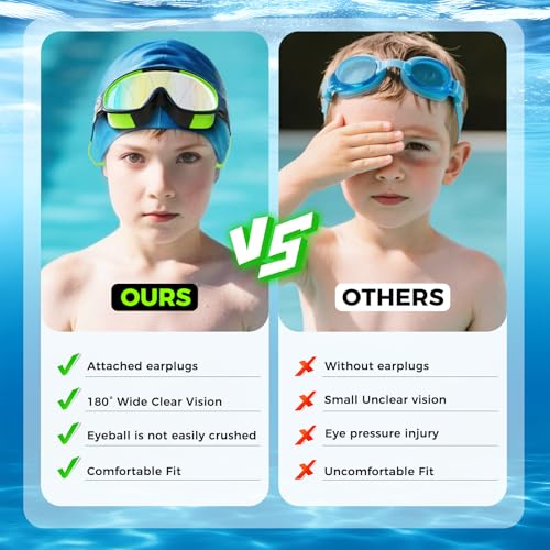 CMBJJU 3 Pack Swimming Goggles, Kid Goggles with Earplugs Large Frame Anti-Fog/UV Wide View Swim Goggles Boys Girls 4-12