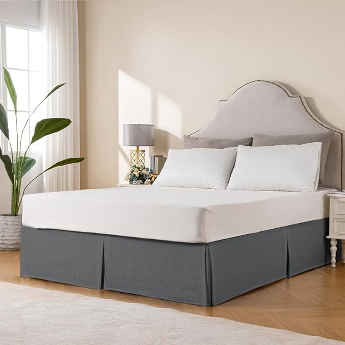 MIYE Pleated Waffle Weave Bed Skirt, Tailored Dust Ruffle 22 Inch Drop Easy Fit, Machine Washable (Dark Grey, King - 22" Drop)
