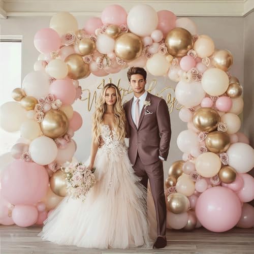 Pink Gold White Balloon Arch Kit, Pastel Light Pink and Beige Sand White Gold Chrome Balloon Garland Kit for Girls Women B...