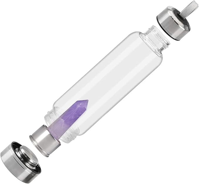 Crystal Glass Water Bottle, Glass Water Bottle with Changeable Natural Crystal Center, Quartz Gemstone Water Bottle for Natural