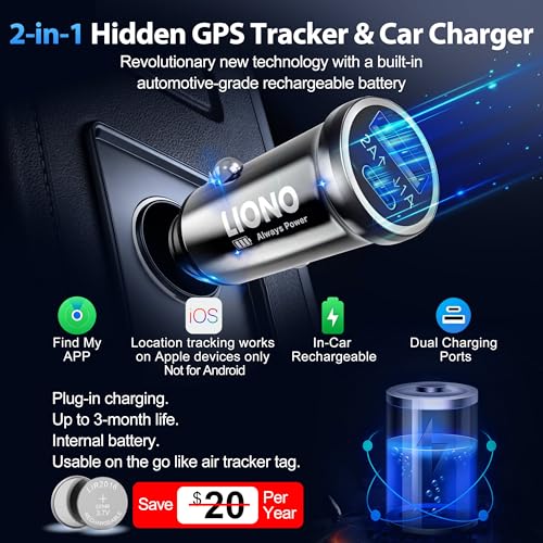 LIONO Car GPS Tracker & Charger with Built-in Rechargeable Battery, GPS Tracker for Vehicles, Hidden Car Tracker for Anti-...