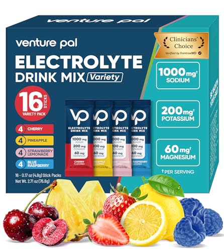Venture Pal High Sodium Sugar Free Electrolytes Powder Packet, Zero Calories Hydration Packets with Vitamin, Sodium, Potas...
