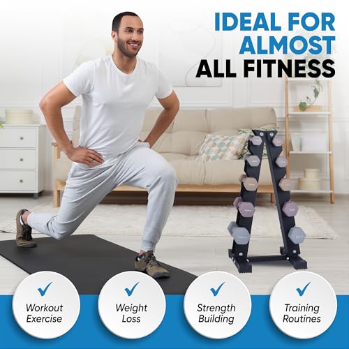 Dumbbell Set with Rack - Neoprene Coated Weights - Hex Color Coded Dumbell Pairs 1-20 LBs