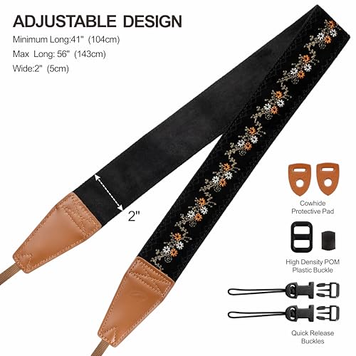 Padwa Lifestyle Camera Strap - 2" Full Grain Leather Ends Camera Straps for Photographers, Vintage Embroidered Cotton Weav...