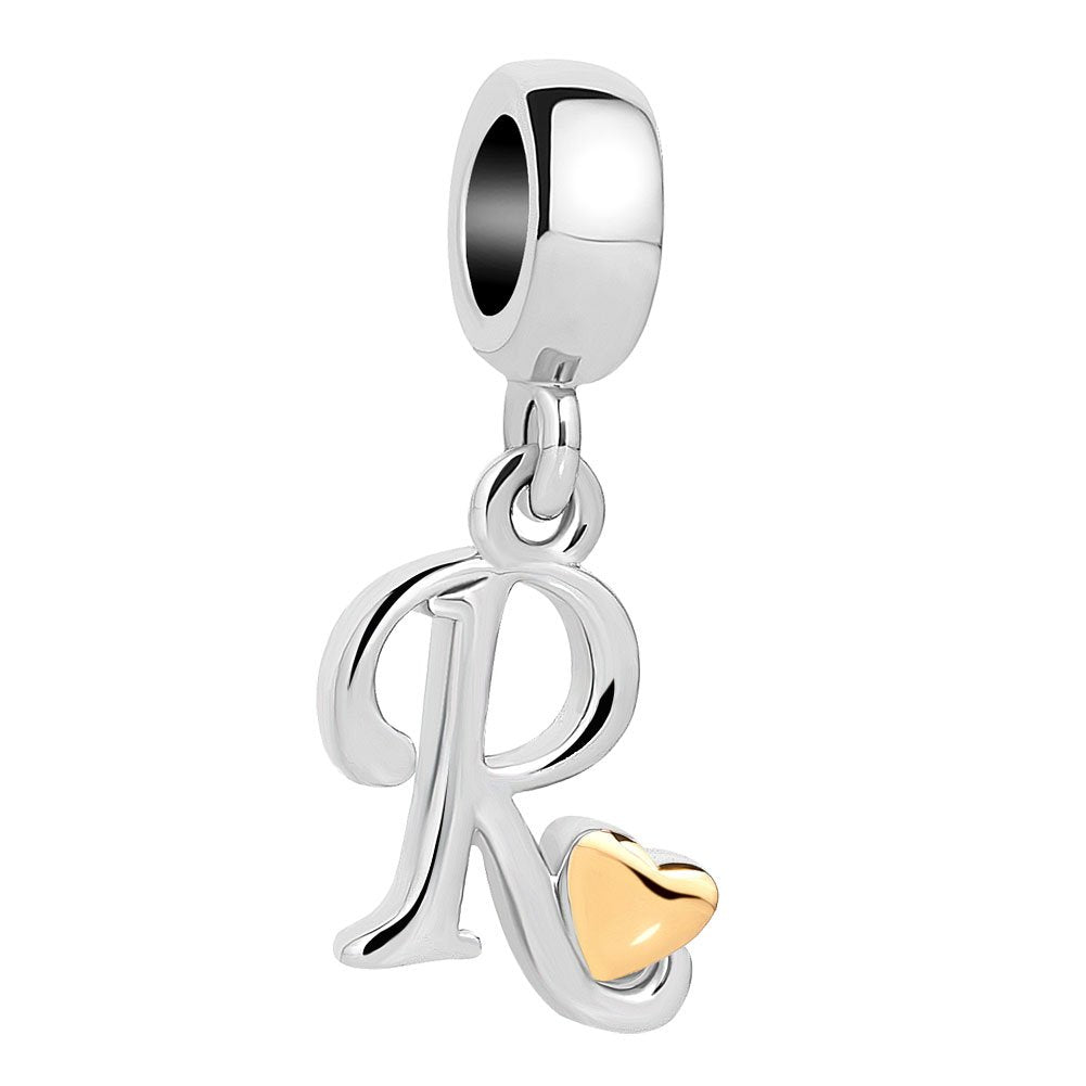 QueenCharms Initial A-Z Letter Charm Golden Heart Alphabet Dangle Beads For Bracelets & Necklaces (R)