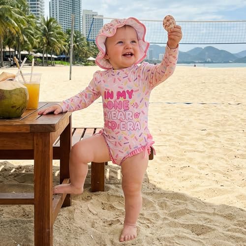 Beautooly Birthday Girl Swimsuit Rash Guard Letter Print Long Sleeve Crew Neck Bathing Suit with Swim Cap