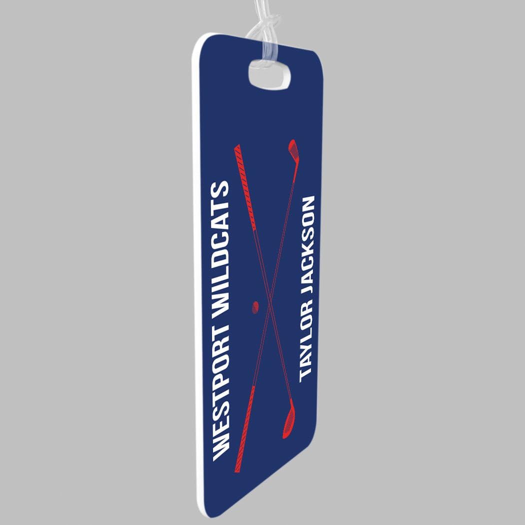 ChalkTalkSPORTS Golf Luggage & Bag Tag | Personalized Crossed Golf Clubs | Standard Lines on Back | Medium | Navy/Red