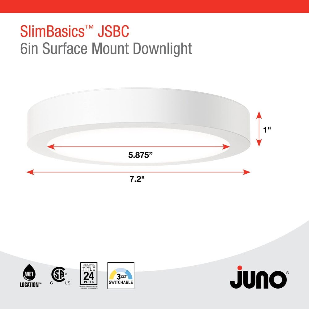 Juno Slim Basics 6 Inch Led Ceiling Light  Low Profile Surface Mount Downlight For Shower Or Closet Lighting  3000K/4000K/5000K Selectable White Light  Edged Trim  Wet Rated  Matte White