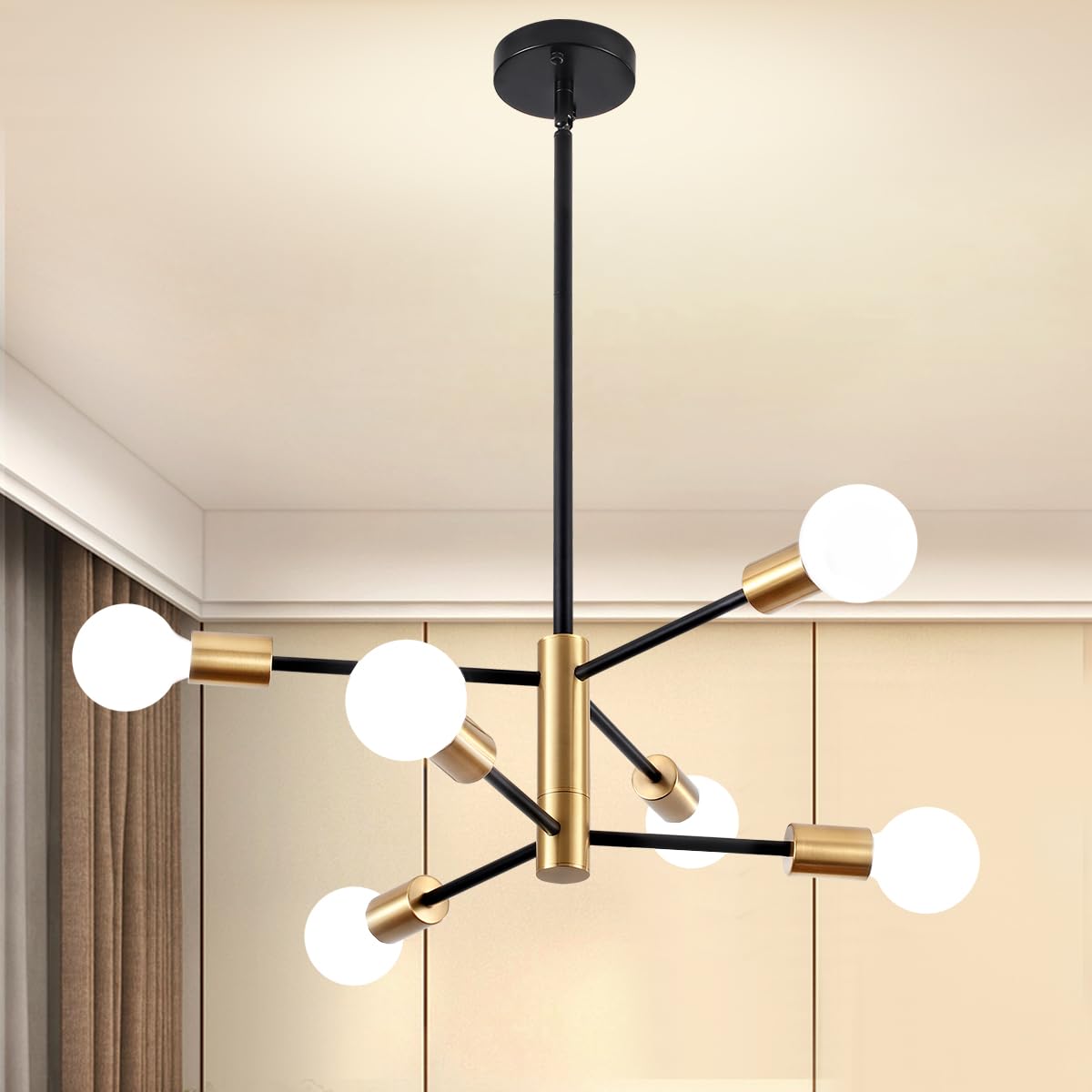 ZSMIHDOH Modern Chandelier, 6-Light Black & Gold Sputnik Light Fixture, Metal, Model Huazhi-68T for Dining Room, Living Room, Kitchen