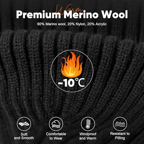 Merino Wool Beanie Hat for Men Women - Thermal Knitted Winter Hat for Large Heads Hiking Running Cap Wrap for Cold Weather