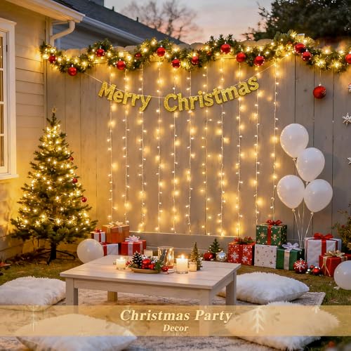 JMEXSUSS 200 LED Christmas Curtain Lights Battery Operated & USB Plug in, 8 Modes Warm White Curtain String Lights for Bac...