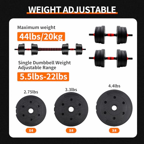 Adjustable Dumbbell Set, 44 Lbs Weights Dumbbells Sets,Barbell Weight Set with Connector, Workout Strength Training Equipm...