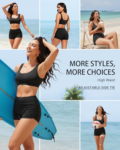Tempt Me Women's Swim Shorts High Waisted Swimsuit Shorts Adjustable Ruched Side Boyshorts Tummy Control Bathing Suit Bottom